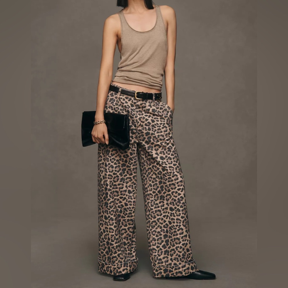 Anthropologie PILCRO The Leon Double Hem High-Rise Wide-Leg Cuffed Jeans LEOPARD